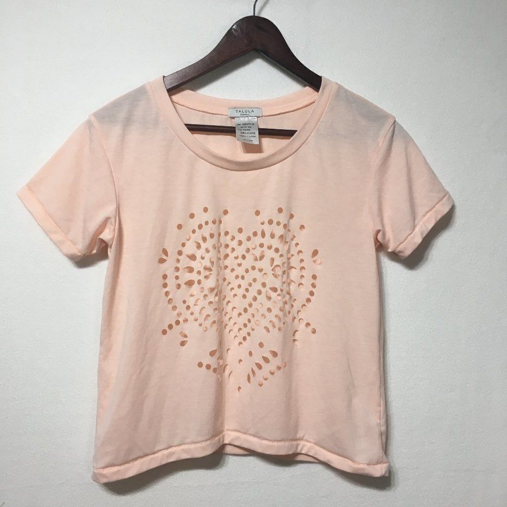 Aritzia Talula Pink Cut Out Heart Crew Neck T-Shirt Sz XXS